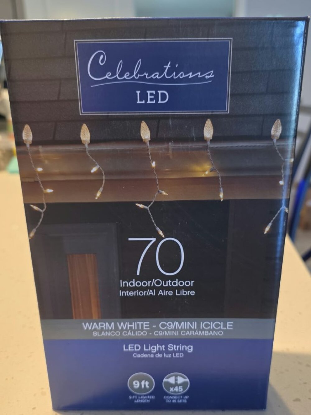 NIB Celebrations LED Warm White C9/Mini Icicle Lights - 70 Count, 9 Ft (Indoor/O